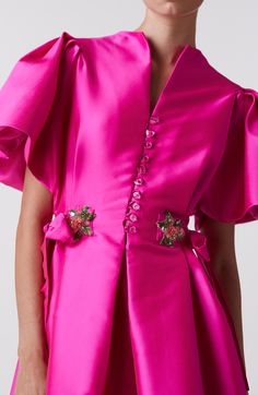 Pleated sleeve satin shirt dress with side tie and floral applique Satin Shirt Dress, Pleated Sleeves, Ribbon Belt, Satin Shirt, Draped Dress, Floral Applique, Grosgrain Ribbon, Modest Fashion, Pink Dress