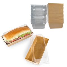 a sandwich in a plastic container next to several takeout containers and lids on a white background