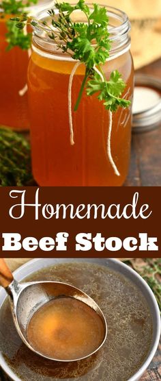 homemade beef stock in a mason jar with spoons on the side and title overlay