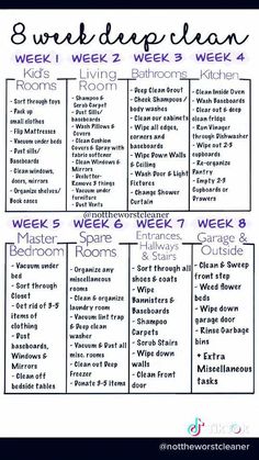 the week's cleaning schedule is shown in purple and black, with words above it