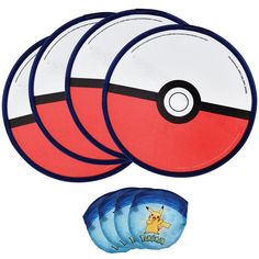 four pokemon poke ball coasters, one with a pikachu on it and the other with a blue frisbee