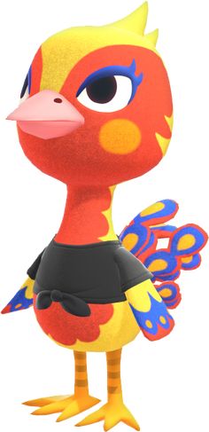 a cartoon bird with blue eyes and yellow legs, wearing a black shirt that has colorful wings on it's head