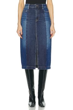 Blue Long Denim Skirt For Fall, Long Blue Denim Skirt For Fall, Blue Denim Knee-length Skirt For Fall, Blue Knee-length Denim Skirt For Fall, Fall Blue Knee-length Denim Skirt, Blue Pencil Skirt For Fall, Blue Denim Knee-length Skirt, Blue Lined Midi Denim Skirt, Fitted Blue Denim Long Skirt