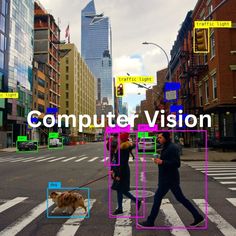 two people walking their dog on a city street with computer vision overlaided in the image