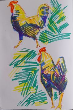 two drawings of roosters are shown on a piece of paper with colored crayons