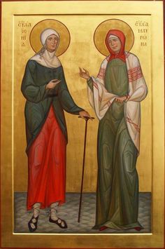 an icon with two women in green and red robes, one holding a cane while the other is wearing a red shawl