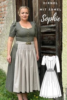 Sewing pattern for dirndls to sew yourself. As an e-book (PDF download) in DIN A4 size to print out yourself. With detailed step-by-step and picture-by-picture sewing instructions, on approx. 80 pages with over 200 pictures. The dirndl "Sophie" has a sweetheart neckline that subtly accentuates the décolleté without allowing too much insight. Two shaping seams in the front of the top ensure a perfect fit. The back is designed with a figure-flattering Viennese seam. The dirndl's sleeves can be sew German Dirndl Pattern, Dirndl Dress Traditional Pattern, Drindl Dress Pattern Free, Dirndl Dress Pattern, Modern Dirndl, Dirndl Pattern, Embroidered Apron, Sewing Instructions, Dirndl Dress