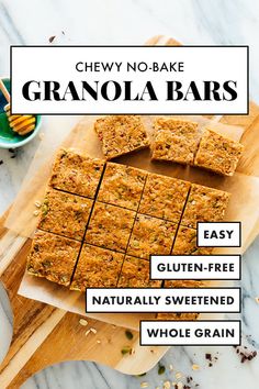 chewy no - bake granola bars on a cutting board with text overlay