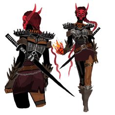 two women dressed in armor holding swords and flames