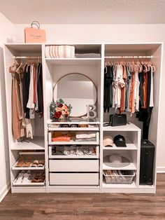 an organized closet with clothes, shoes and handbags on it's shelfs