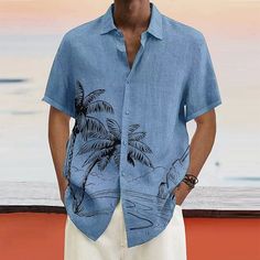 White Men's Linen Shirt Summer Shirt Beach Shirt Turndown Summer Short Sleeve White Pink Blue Tree Casual Daily Clothing Apparel Print Light Blue Casual Collar Shirt For Beach, Light Blue Casual Collar Top For Summer, Blue Casual Collar Shirt For Vacation, Blue Casual Collar Top For Beach, Light Blue Casual Collar Top For Vacation, Casual Light Blue Top With Casual Collar, Casual Light Blue Top With Collar, Blue Casual Collar Tops For Vacation, Light Blue Collared Shirt For Vacation