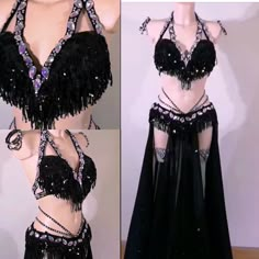 a woman wearing a black belly dance outfit with sequins and beads on it