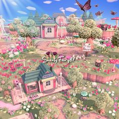 an animated image of a pink house surrounded by flowers and trees with the words sweet fairy written on it