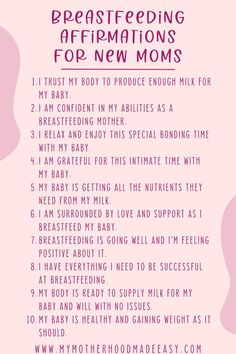 a pink poster with the words breastfeeding affirmations for new moms