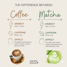 the differences between coffee and matcha are shown in this graphic above it's description