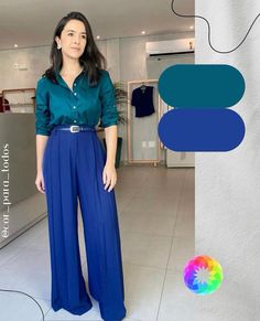 Blue Wide-leg Business Casual Pants, Blue High-waisted Wide Leg Pants For Business Casual, Complementary Colors Fashion, Deep Winter Colors, Soft Winter