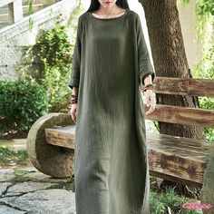 Qteee - Vintage-inspired Cotton and Linen Long-sleeved Robe Dress with Mandarin Collar Casual Green Long Sleeve Maxi Dress, Casual Tunic Maxi Dress For Spring, Casual Crew Neck Maxi Dress For Spring, Casual Half Sleeve Maxi Dress For Fall, Casual Oversized Half-sleeve Dress, Oversized Half Sleeve Casual Dress, Casual Oversized Half Sleeve Dress, Casual Cotton Maxi Dress With 3/4 Sleeves, Casual Solid Cotton Maxi Dress