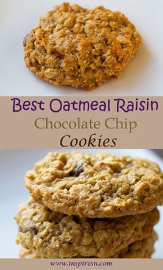 the best oatmeal raisin chocolate chip cookies are stacked on top of each other