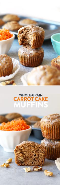 there are several muffins on the table with carrots and other food items