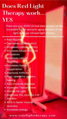 Pain Blocking Decreases Inflammation Increases cellular activity Increases blood and fluid circulation Increases cellular flexibility Increases tissue oxygenation Improves Arthritis Post-operative surgery healing Auto Immune diseases Increases Testosterone Shrinks fat cells Improves the condition of the skin AIDS in faster muscle recovery Increases energy Polarity Therapy, Light Therapy Skin, Joints Pain Remedy, Auto Immune, Decrease Inflammation, Increase Testosterone, Wellness Trends, Body Is A Temple