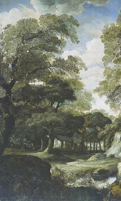 an image of a painting with trees and rocks in the foreground, along with water