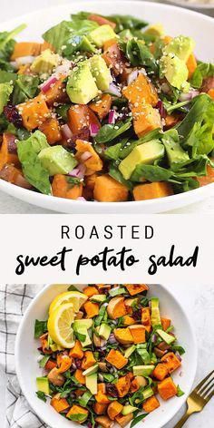 roasted sweet potato salad with avocado and cranberry dressing in a white bowl