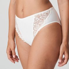 These luxurious, high-waisted opaque briefs feature decorative embroidery on the legs.  A must-have in your lingerie drawer: Natural. Elegant High-cut Leg Bottoms For Daywear, Elegant High Waist Lined Bottoms, Elegant Lace Trim Brief Bottoms, Elegant White Bottoms With Lined Body, Elegant White Lined Bottoms, Bra Alternatives, Delicate Lingerie, Decorative Embroidery, Sticky Bra