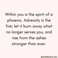 Within you is the spirit of a phoenix. Adversity is the fire; let it burn away what no longer serves you, and rise from the ashes stronger than ever. Change Your Life Quotes, Let It Burn, Overcoming Adversity, Meditation Mantras, Practice Gratitude