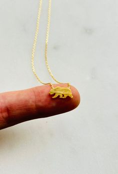 "Celebrate your love for the Golden State with this stunning California Bear Pendant Necklace. Crafted with 18k gold dipping, this pendant features a finely detailed bear emblem that hangs from a delicate 16 inch chain. The bear represents strength, resilience, and freedom, making this necklace a great gift for anyone who is proud to call California their home or simply has a passion for the state's iconic symbol. The gold dipping ensures a beautiful and durable finish that will not fade or tarn Tiny Gold Minimalist Charm Necklaces, Gold Delicate Minimalist Charm Necklaces, Tarnish Resistant Recycled Gold Charm Necklaces As Gift, Tarnish Resistant Recycled Gold Charm Necklace As Gift, Tiny Gold Plated Gold Necklaces, Minimalist Pendant Jewelry For Best Friend Gift, Gold Charm Necklaces With Adjustable Chain For Best Friend, Recycled Gold Pendant Charm Necklace For Gift, Minimalist Recycled Gold Necklace As Gift