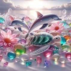 two dolphins are swimming in the ocean surrounded by bubbles and flowers, while another dolphin swims nearby