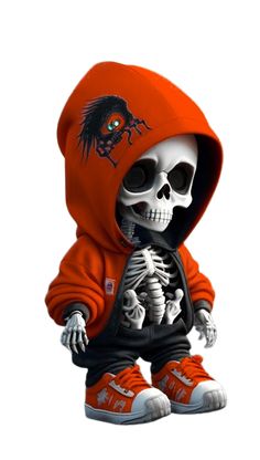 a skeleton wearing an orange hoodie and sneakers