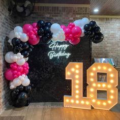 Black And Hot Pink Decorations, Pink Purple Black Party Decor, Pink Black White Party Decoration, Hot Pink And Black Birthday Decorations, Pink And Black Decorations Party Ideas, 18th Birthday Party Backdrop Ideas, Pink Silver Black Party Decorations, Black And Pink Balloons Decoration