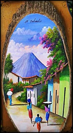 a painting of people walking down a street in front of a building with a mountain behind it