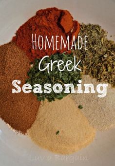 a pile of different types of seasoning on a white plate with the words homemade greek seasoning