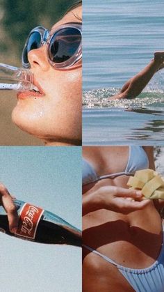 four different pictures of women in bikinis, one holding a bottle and the other wearing sunglasses