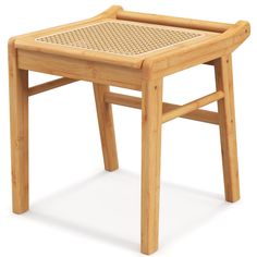 a small wooden stool with wicker seat cushion on the top and bottom part of it