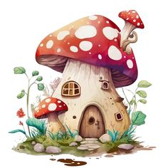 a mushroom house in the middle of some grass