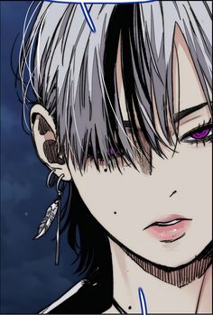 an anime character with grey hair and piercings on his ears is staring at the camera