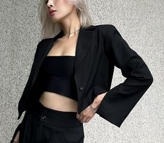 Blazer crop top with lining, shoulder pads, a bit loose body will give you many ways to express your personality. You can combine this item with strap tops or tube tops inside to get new look. FABRIC: - Material: Cotton and polyester, soft, smooth and lightweight. SIZE: - Size available: XS-S-M-L-XL-XXL - Model 1m64 48kgs wearing S. - 100% photos are real and made by our team. CARE INSTRUCTIONS: - Hand-wash recommended. - Some dark color garments may bleed during washing. Please check carefully Blazer Crop, Summer Blazer, Crop Top Long Sleeve, Crop Top Long, Tube Tops, Striped Fabric, Cropped Blazer, Long Crop Top, Blazer Black