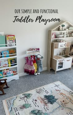 a child's playroom with bookshelves and toys