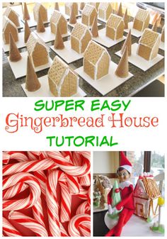 gingerbread house made out of paper and candy canes with the words super easy gingerbread house