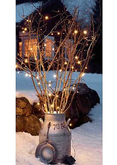 a vase filled with branches and lights in the snow