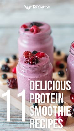 delicious protein smoothie recipe in mason jars with raspberries and blueberries on top