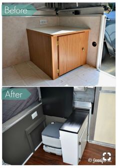 before and after photos of an rv's storage area with the door open to reveal a kitchenette