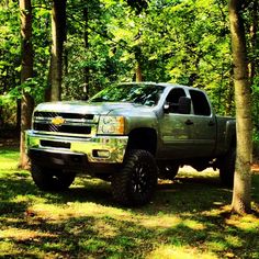 a silver truck parked in the woods near trees