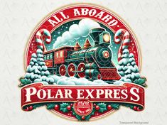 the polar express logo is shown in red and green, with an old fashioned train on it