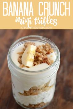 banana crunch mini trifles in a glass jar on a wooden table with text overlay