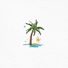 a drawing of a palm tree on the beach with a star in the sky above it