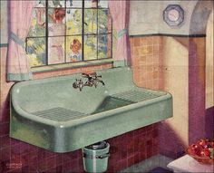 a painting of a green sink in front of a window