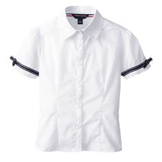 Girls White Button Down Oxford Uniform Short Sleeve Blouse. Has Navy Blue Ribbon Edge On Sleeves. Size 16 In Girls. Fitted Short Sleeve Preppy Blouse, Fitted Short Sleeve Blouse For School, Fitted Collared School Uniform Tops, Fitted Preppy Tops For School, Preppy Button-up School Shirt, Preppy Button-up Top For School, Fitted School Shirt With Button Closure, Summer School Uniform Top, White Short Sleeve School Uniform Top